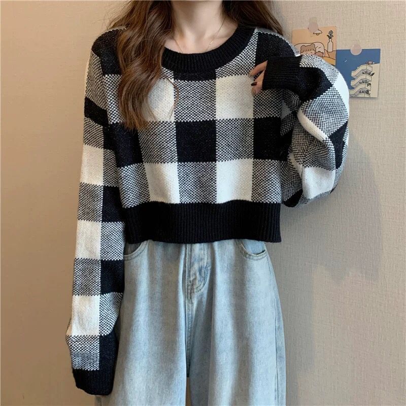 Checkerboard Short Knitwear for Women 2024 Autumn and Winter New Korean Style Loose and Versatile Long-Sleeved Lazy Style Soft Waxy Top