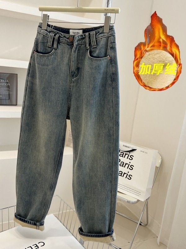 Chubby Girl plus size niche fleece-lined thick blue jeans women's winter small high waist slimming straight harem pants