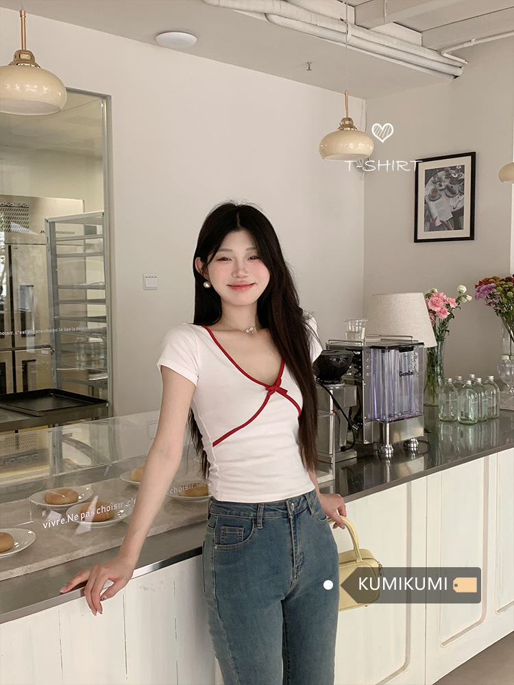 Design Sense Contrast Color V-neck Short-sleeved T-shirt Women's Summer New Three-dimensional Bow Slim-fit Niche Top Cross-border Explosions