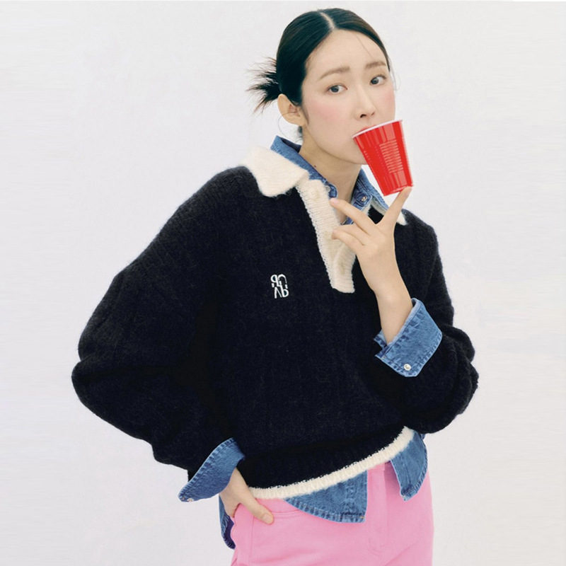 Picture of Lazy style Korean new autumn and winter mohair sweater buckle lapel pullover embroidered letters long sleeve sweater women