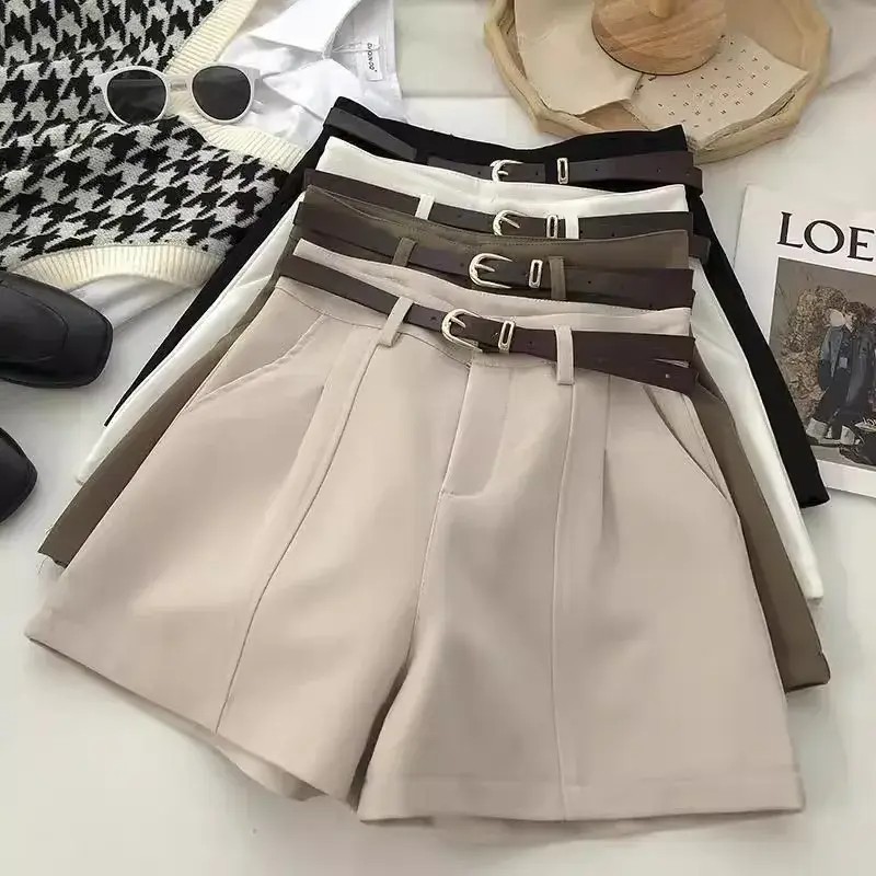 Shorts Casual Women's 2025 Spring New Korean-style Ins Hong Kong-style Retro Simple Outer Wear High Waist A- shaped Wide-leg Pants