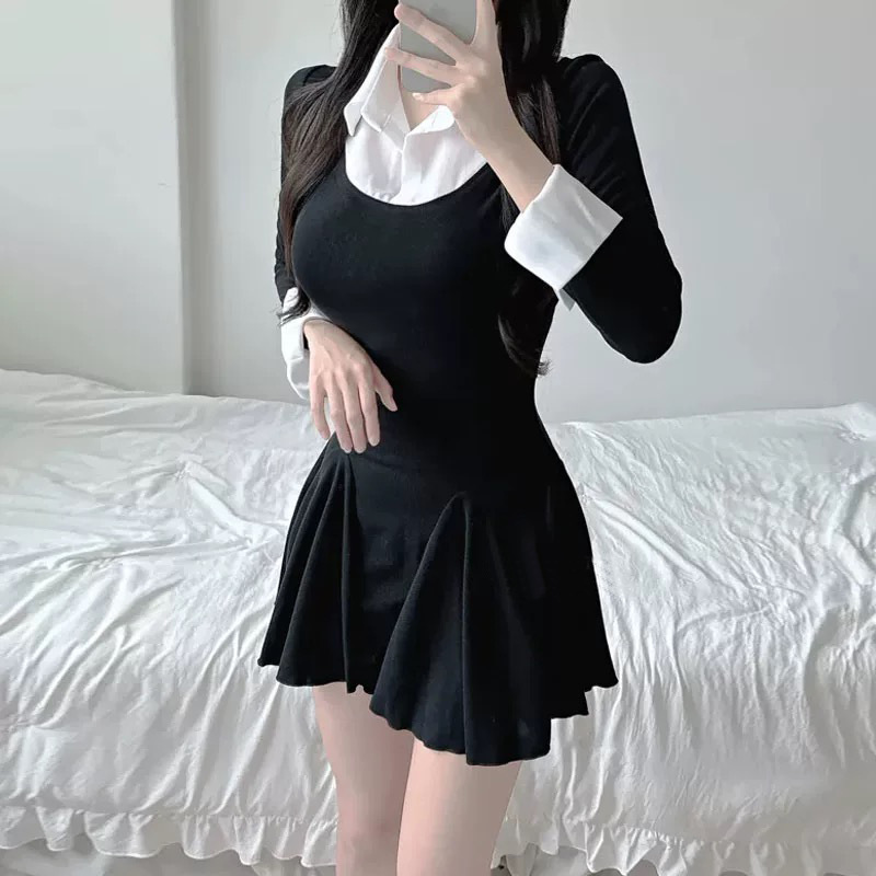 South Korea Dongdaemun New Product Elegant Feminine ~ Elegant Shirt Collar Stitching Horn Pendulum Long Sleeve dress