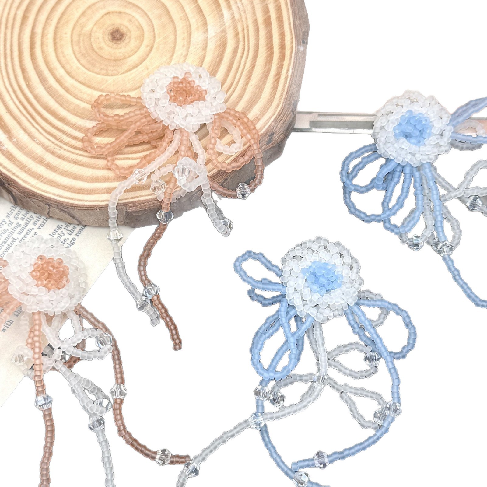 Picture of New handmade DIY glass bead braided beaded cool wind tassel long flower bow earrings hair accessories