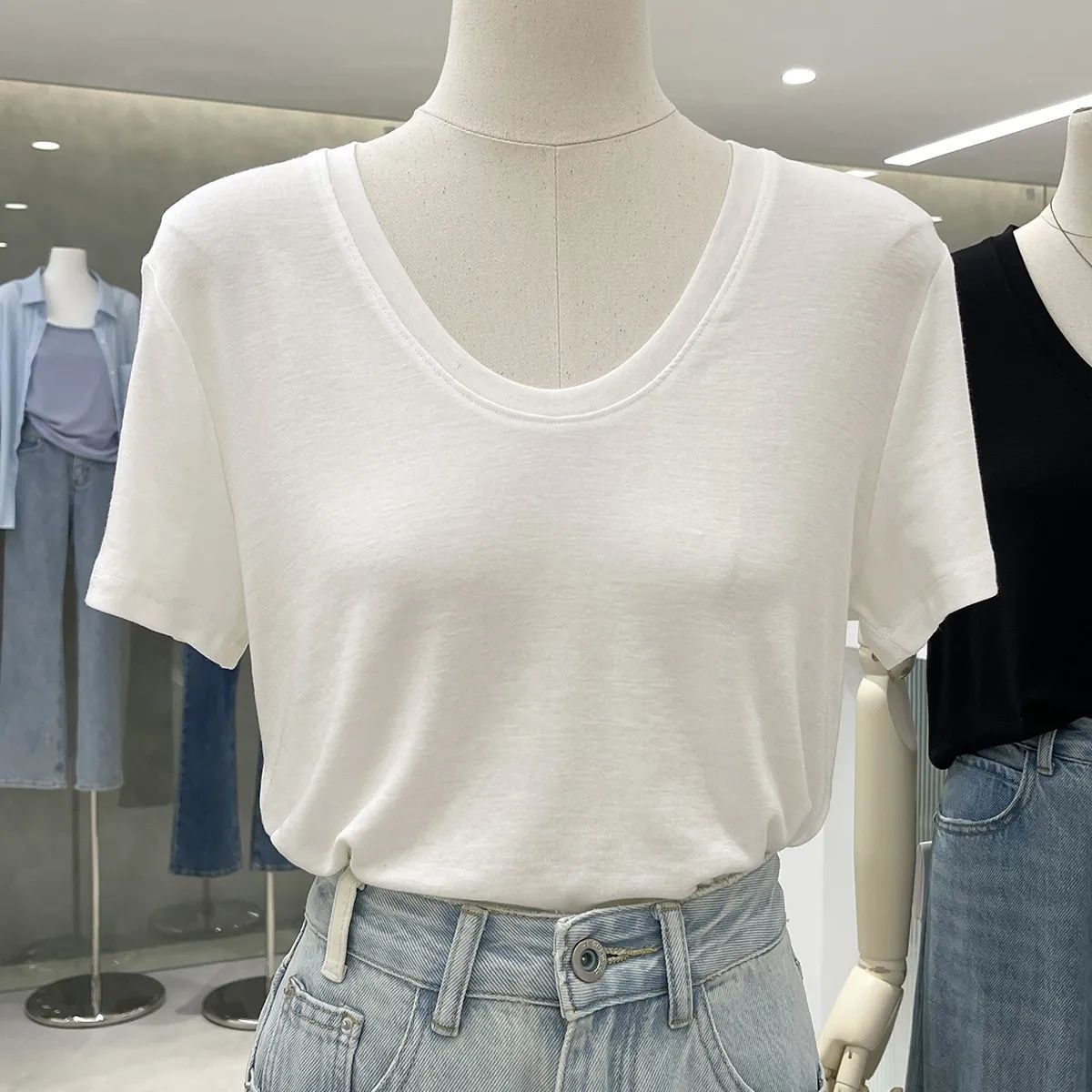 Modal Basic Round Neck Shoulder Thin Solid Color Short-sleeved T-shirt Women's Casual All-match Base T-shirt Top