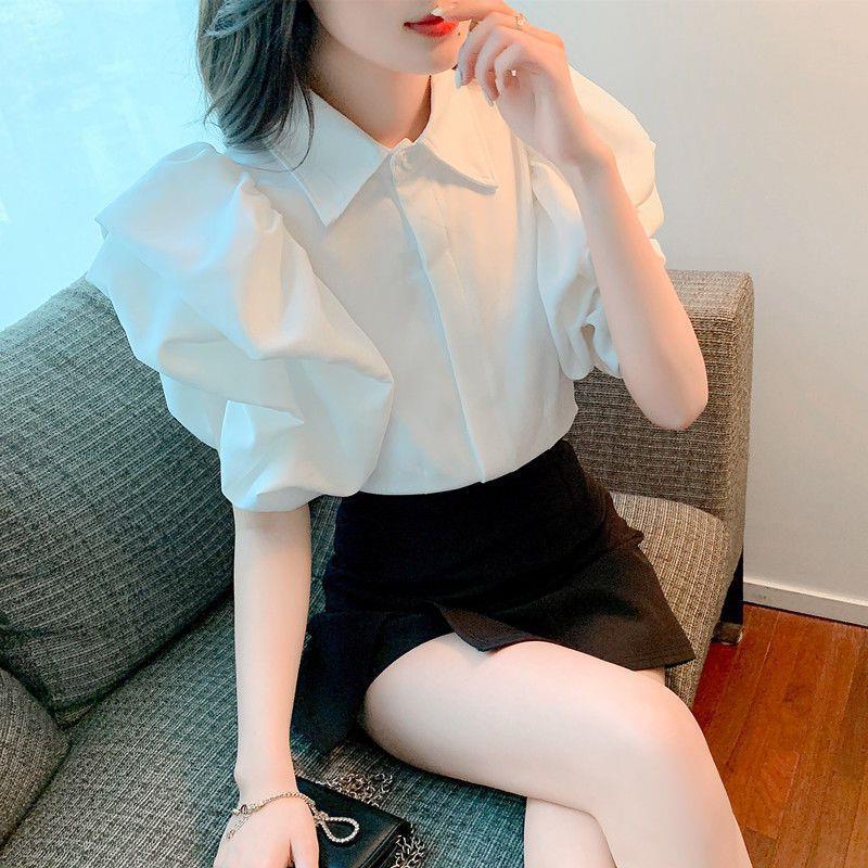 2024 Summer New Petal Puff Sleeve Inner Top Women's Design Niche Retro Lapel Short Shirt