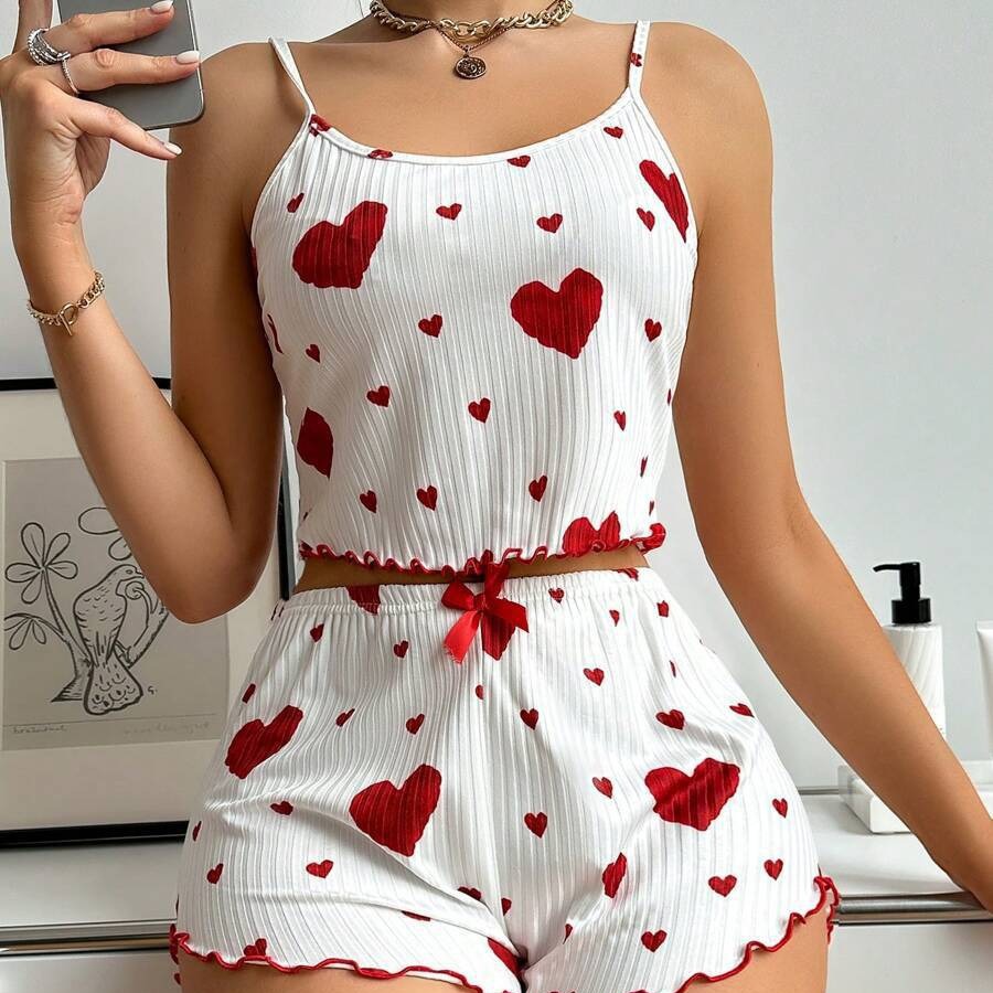 Amazon Aliexpress Cross-Border European and American New Love Print Women's Summer Home Wear Pajamas Sexy Set