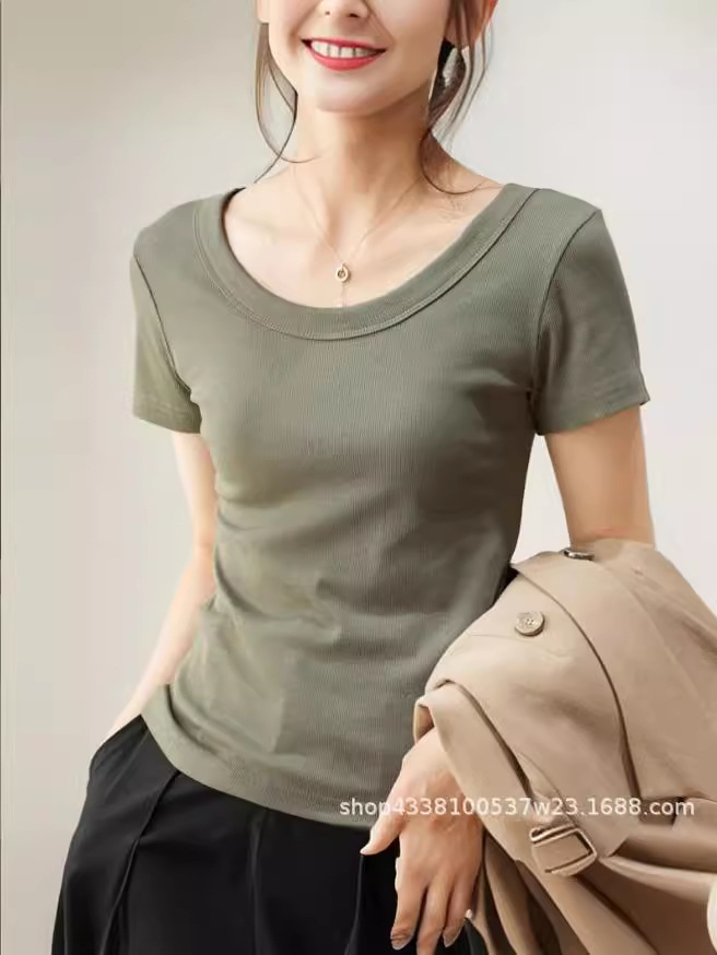 Threaded Cotton U-neck T-shirt Women's Short-sleeved 2024 Summer New Loose Slimming High-end Sense T-shirt Top Base Shirt