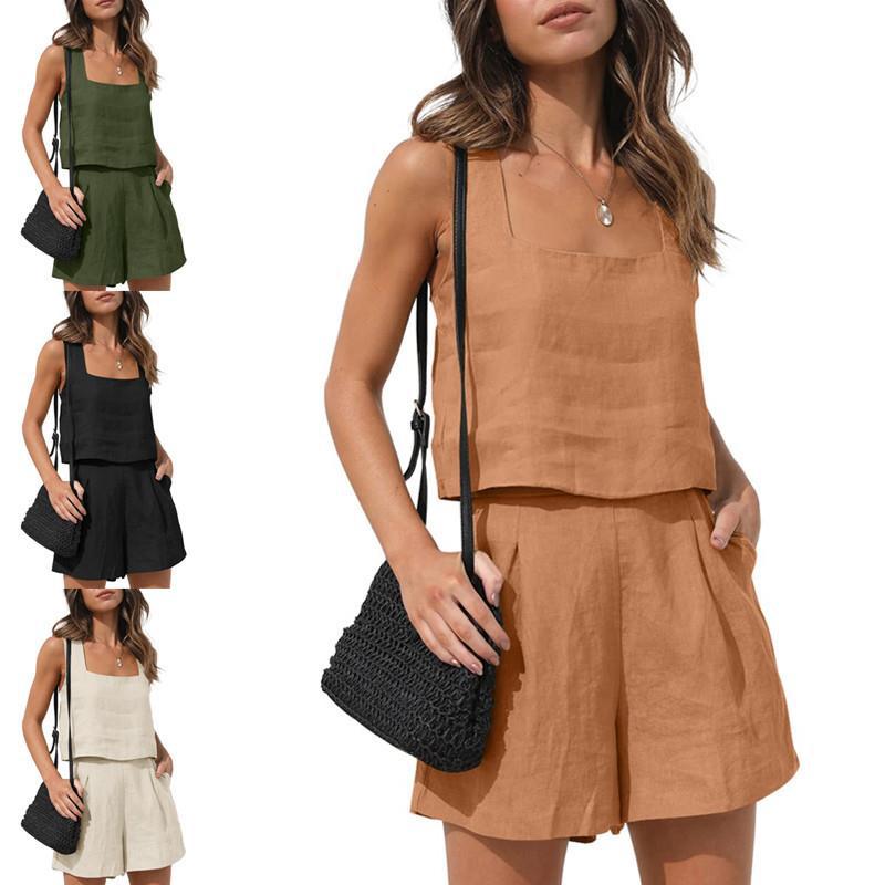 Picture of 2024 Amazon New European and American Style 2-Piece Casual Suit Linen Shorts Sleeveless Top Vest