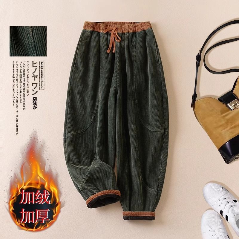 Corduroy retro fleece thickened pants female Harlan autumn and winter loose new slimming literary slacks casual and warm