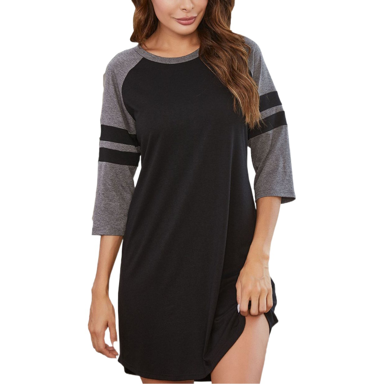 Spring and Summer Amazon Foreign Trade European and American Women's Home Clothes Nightgown Stitching Contrast Color Strip Round Neck Short Sleeve Home Pajamas Women