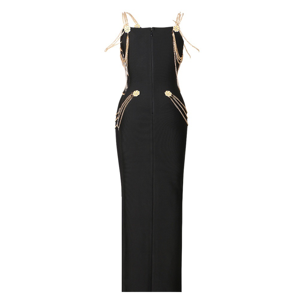 Ins Internet Celebrant Explosion Heavy Industry Metal Chain Alloy Buckle Black Strap V-Neck Backless Split Bandage Long dress