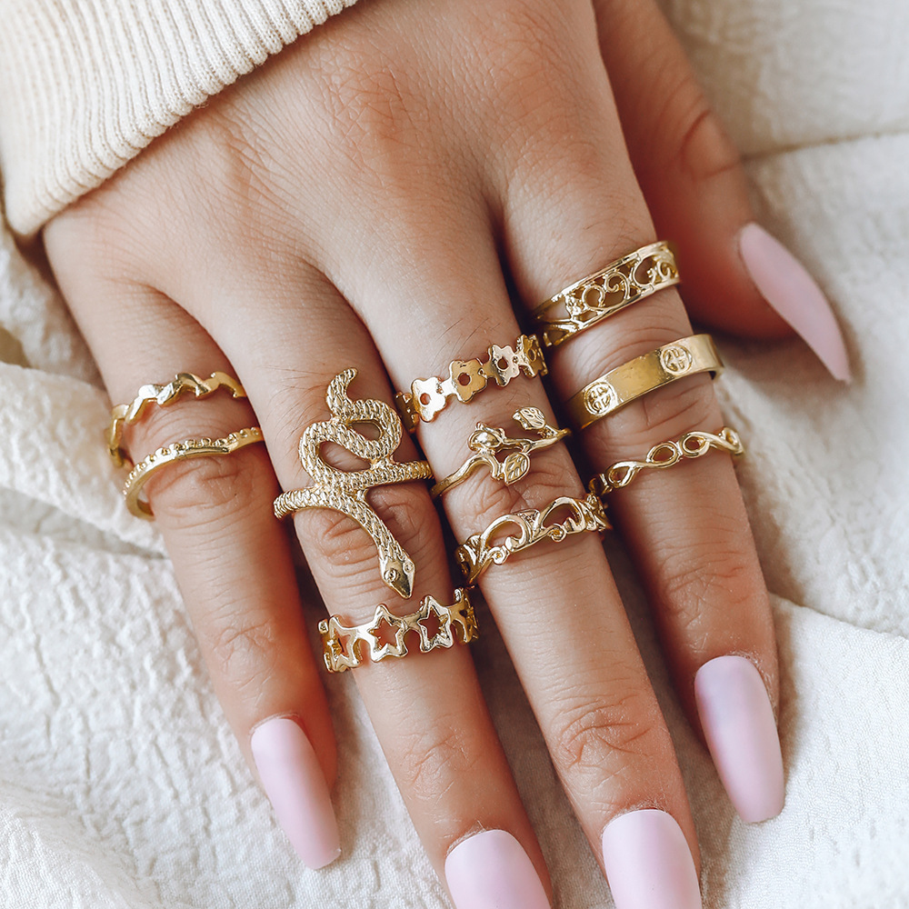 Bohemian Creative Oil Dropping Retro Geometric Ring Full Diamond Shining Snake 10-Piece Combination Joint Ring