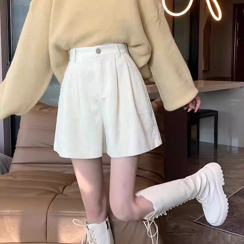 Corduroy Shorts with Long Boots Women's Autumn High Waist A- Shoes Winter Outer Wear Base Boots Pants Small Pants