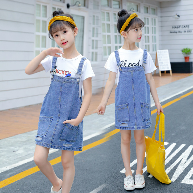 Girls' Denim Suspender Skirt Spring and Summer New Suspender Dress Denim Skirt Fashionable Popular Baby Long Skirt Gaun
