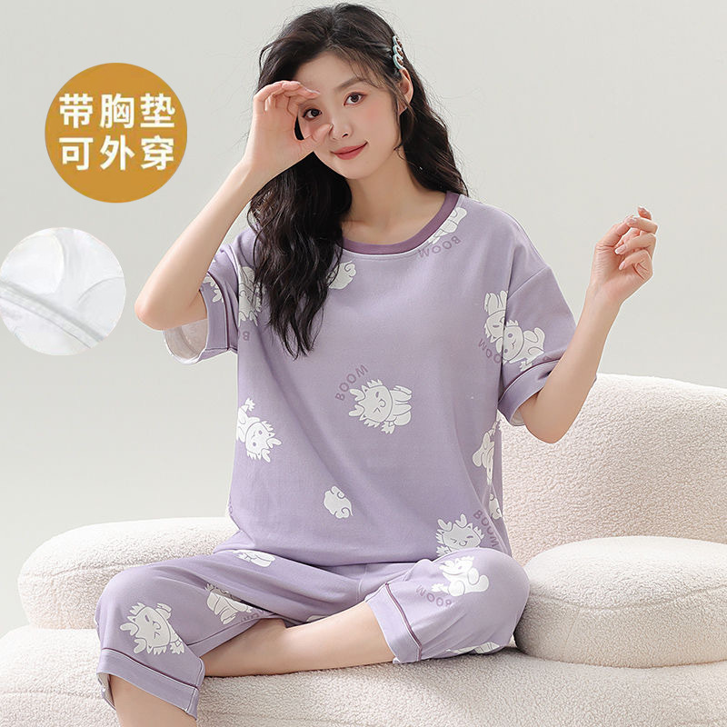 Pajamas with Chest Pad Women's Summer Cotton Short-sleeved Capri Pants Cotton Thin Summer Outer Wear Home Clothes suit