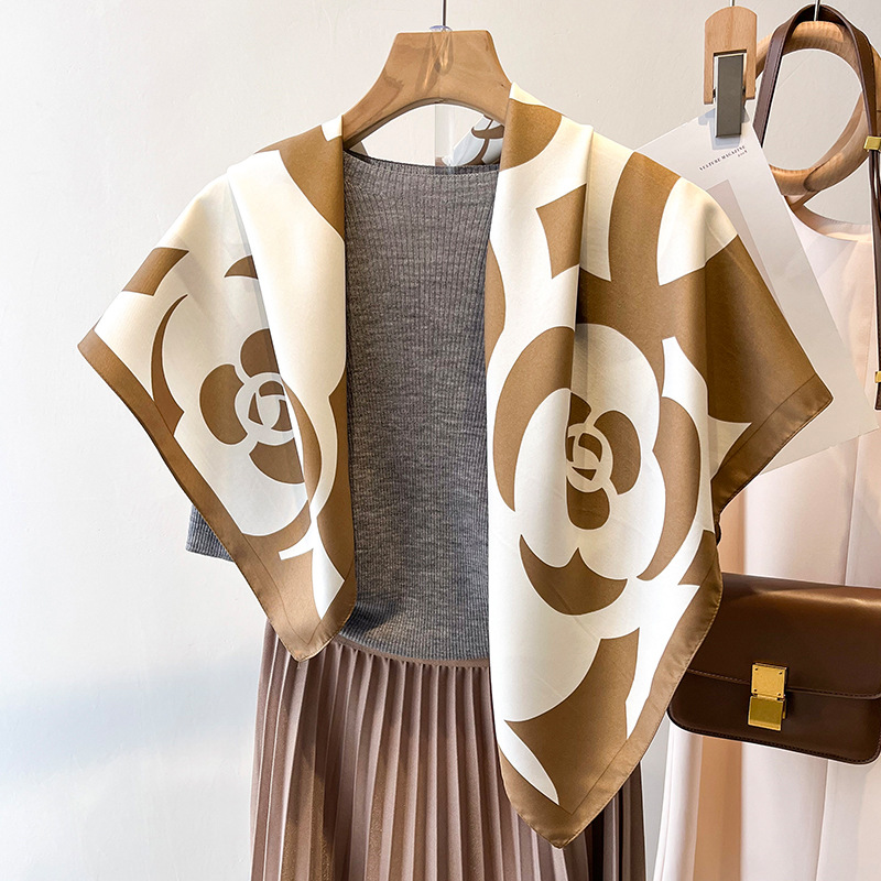 2023 Camellia Fashion Elegant Large Square Scarf Women's Silk Scarf Decorative Scarf Spring and Autumn Scarf Summer Sunscreen Beach Towel