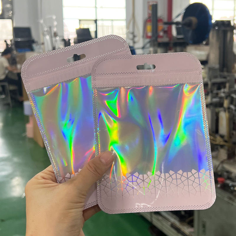 Hexagonal Aluminum Pink Aluminum Film Packaging Bag Plastic Bag Jewelry Puff Hardware Tool Self-Sealing Bag Iridescent Laser