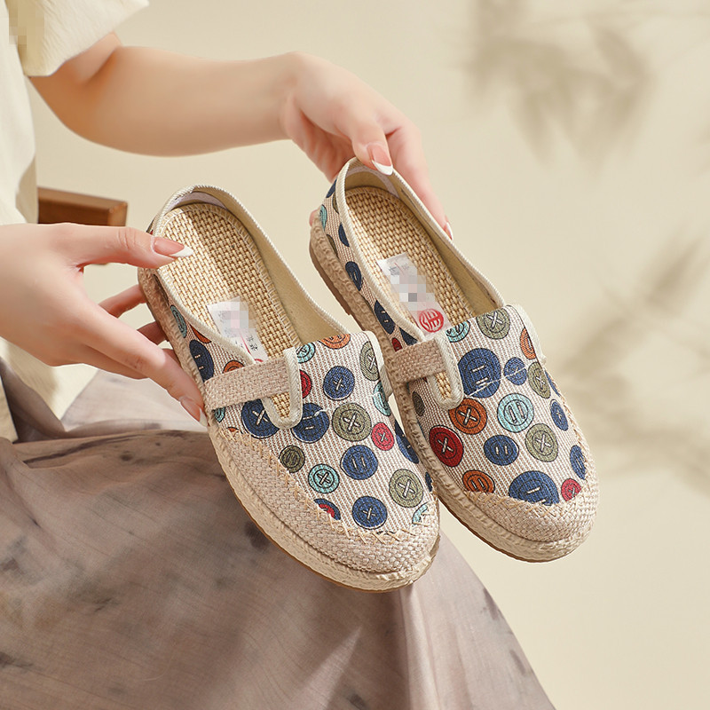 Spring and Summer New Fashion Ethnic Style Linen Cloth Breathable Casual Shoes Retro Soft Bottom Half Drag Slip-on Lightweight Women's Shoes