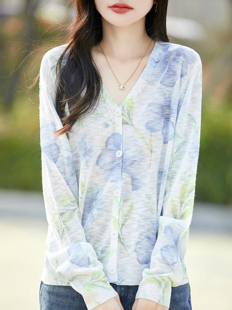 25 New Summer Bamboo Linen Knitted Cardigans for Women, Colorfulful Tie-Dye V Neck Long-Sleeved Versatile Bottoming Shirts and Tops