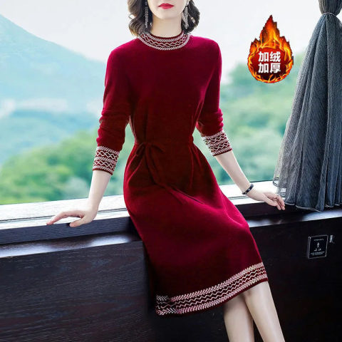 Dress with overcoat autumn and winter elegant 2023 new lace-up waist lady long fleece-lined dress women