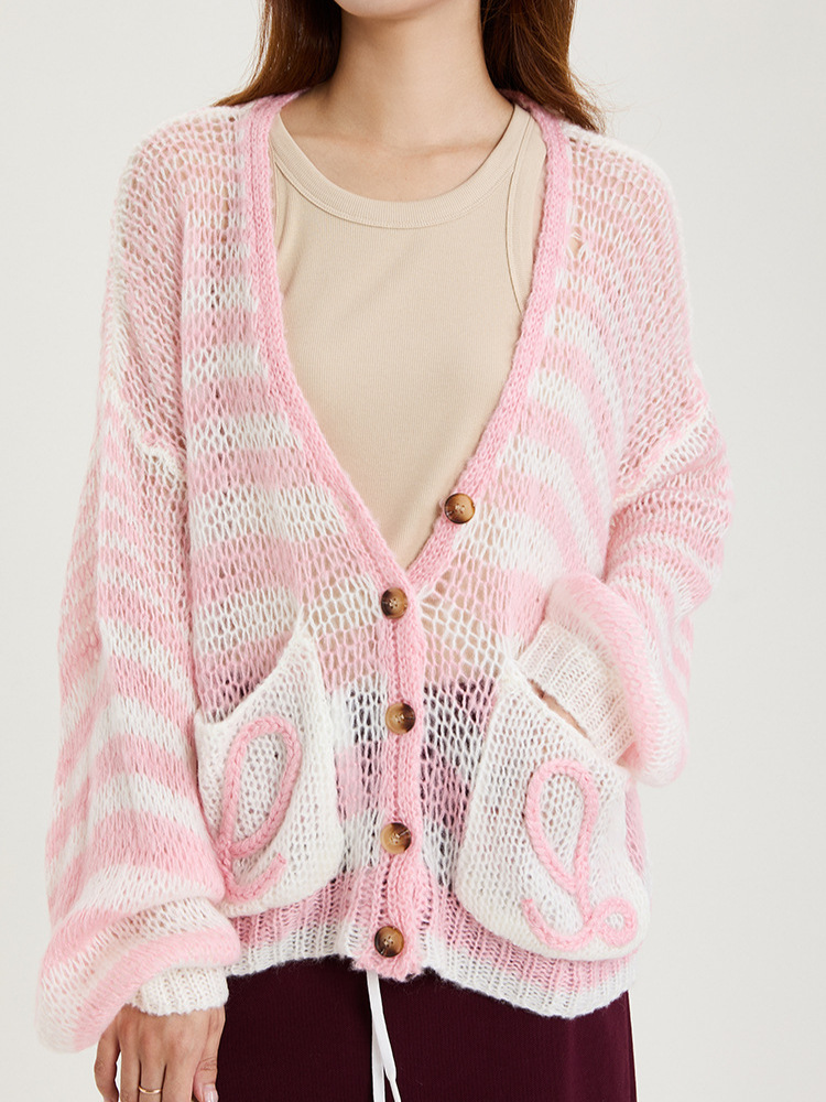 Picture of Spring and Autumn Fresh Lazy Loose Knitted Cardigan Top New Striped Contrast Color Hollow V-Neck Sweater Jacket for Women