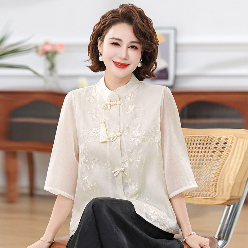 Picture of Mother's Summer Dress New Chinese Style National Style Embroidered Tassel Vertical Collar Mid-Sleeve Chiffon Shirt Thin Middle-Aged Women's Elegant Shirt