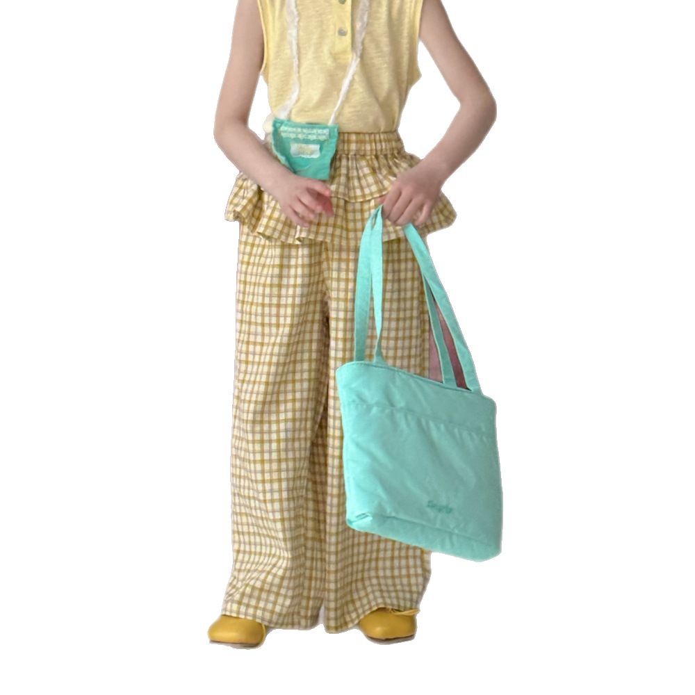 Picture of Children's top 2025 summer female baby Korean solid color sleeveless vest children's plaid parquet straight pants suit