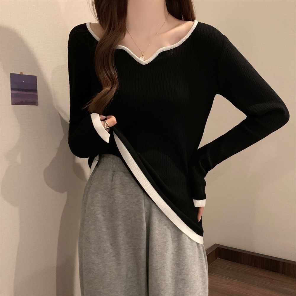 Picture of Large Size Sweater Women's 2022 New Autumn Design Contrasting Color Square Collar Clavicle Base Shirt Slim Shirt