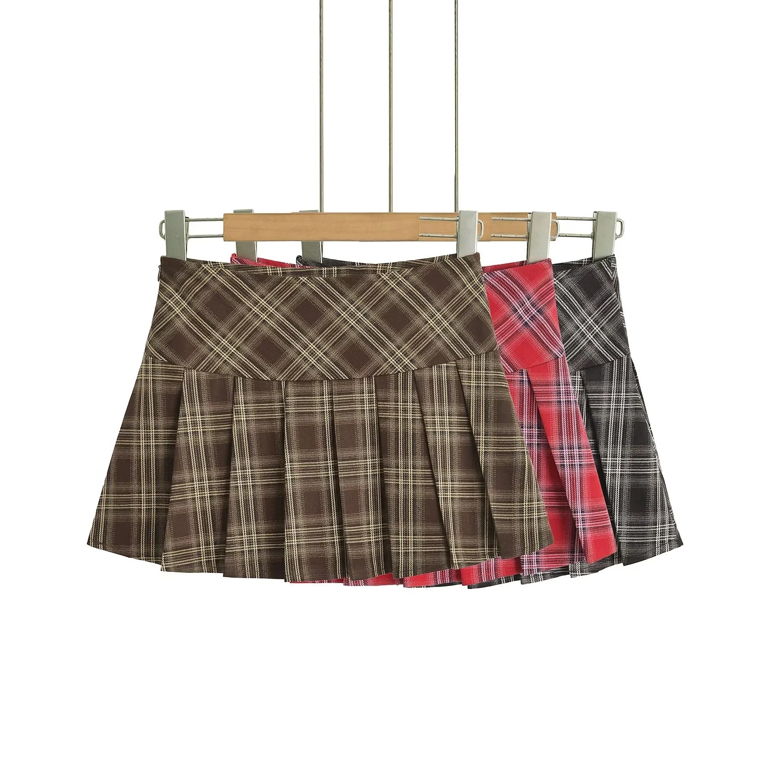 American Style Retro Plaid Skirt Women's 2024 Autumn Design Hot Girl Low Waist Anti-Glow Pleated Skirt