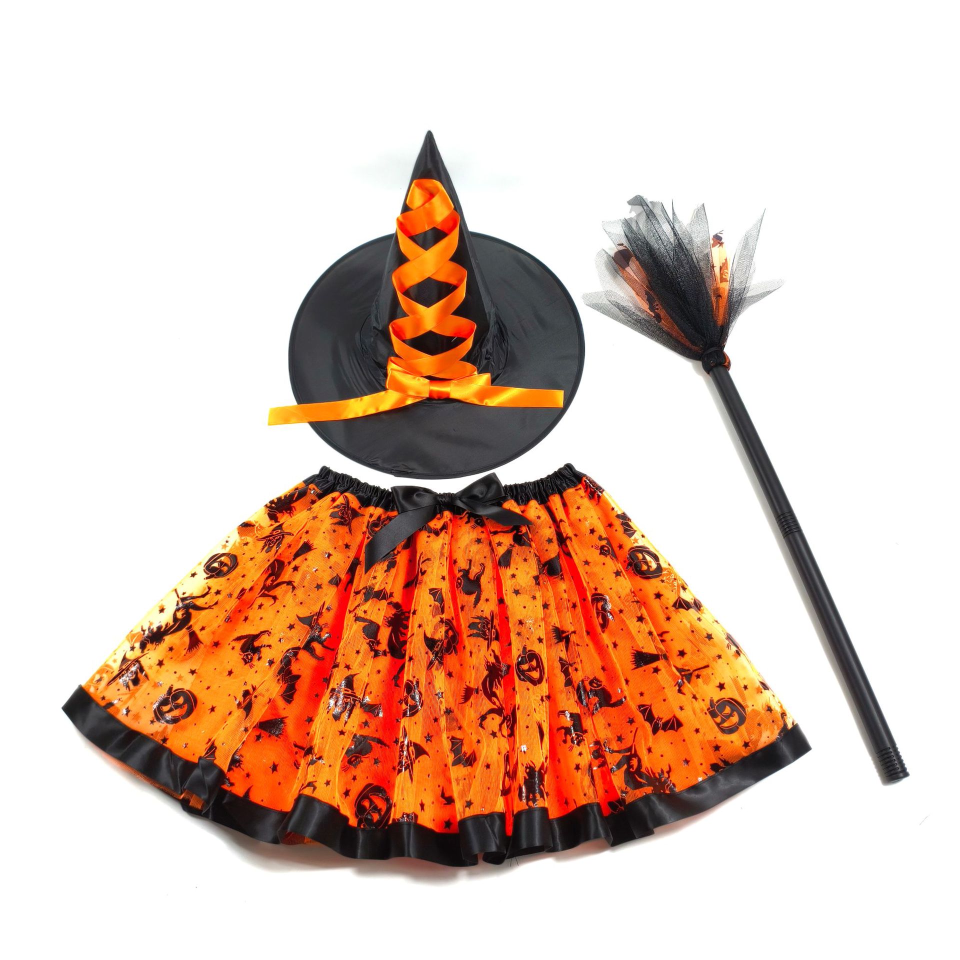 Halloween Adult Dress Three-Piece Mesh Skirt Witch Hat and Broom Skirt Show Costume Set