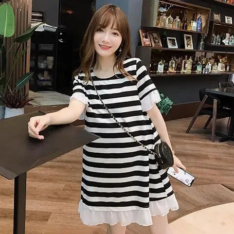 Picture of Pregnant women's T-shirt summer mid-length loose striped short sleeve dress pregnant slimming A- line skirt plus size pregnant women's skirt summer