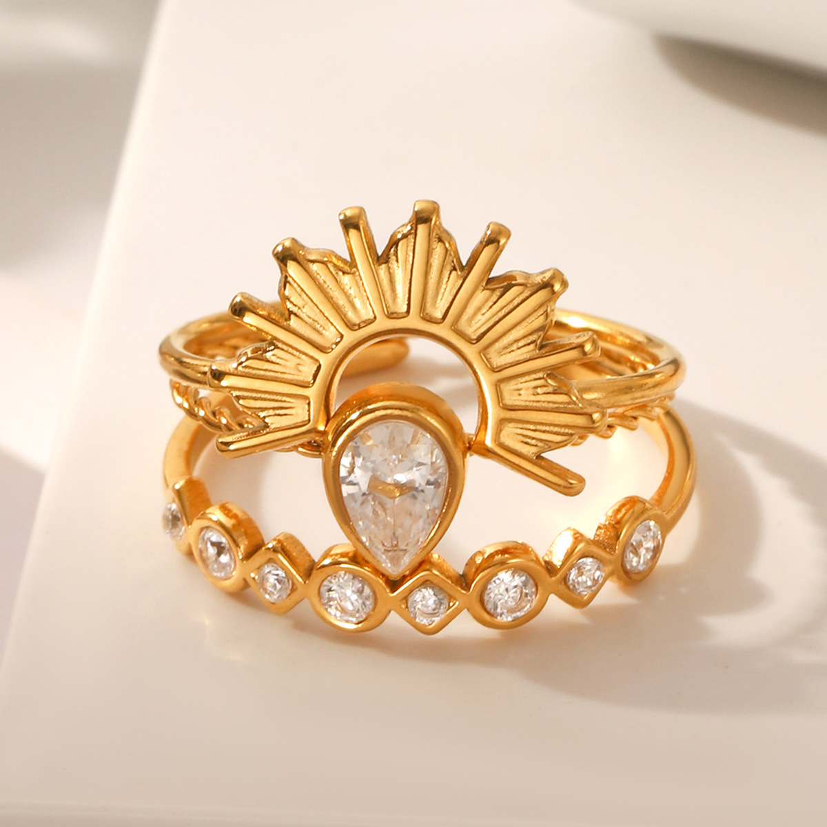 Cross-Border Exclusive Stainless Steel Diamond-Encrusted Open Ring Light Luxury High-End Three-Piece Set of Hand Jewelry Niche Set of Decorations for Women