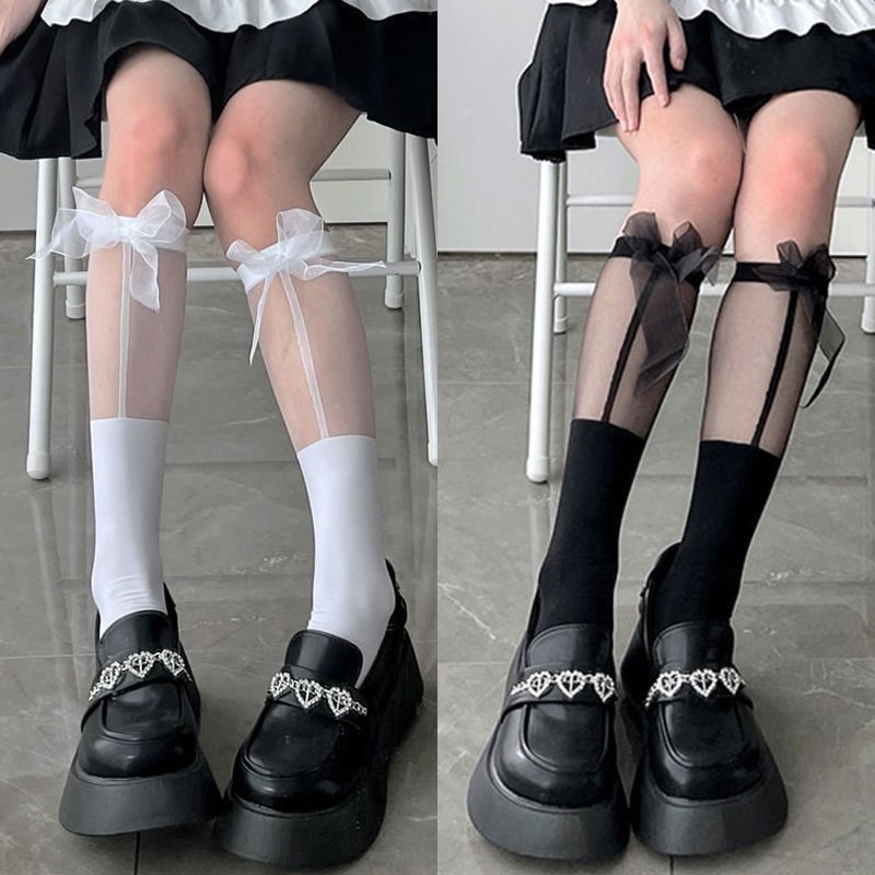JK Girls Small Leg Socks Bow Stitching Cutout Mid-length Socks Lolita Cosplay Princess Bow Stockings
