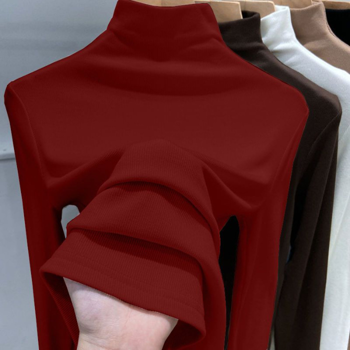 Picture of 180g Threaded Semi-high Collar Base Shirt Women's New Spring Autumn and Winter Fashion Long Sleeve T-shirt Slim Fit Velvet Inner Top