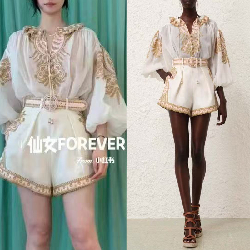 Cross-border in stock Australia Spring and Summer New Holiday Style Ruffled Collar Loose Shirt suit Waist Shorts