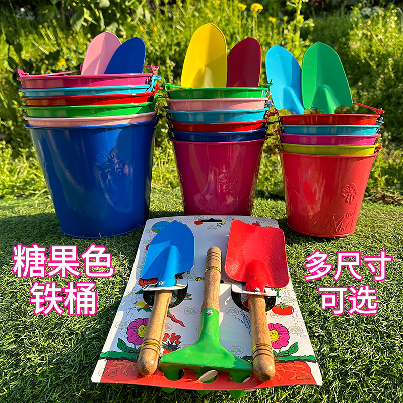 Children's beach tools tin bucket shovel pointed shovel flat shovel gardening small shovel iron rake three-piece set factory outlet