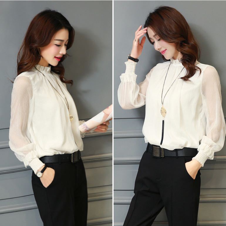 Picture of 2025 Spring New Chiffon Shirt with Small Stand Collar, Sexy Plus Size Versatile Fashionable Mesh Ruffle Base Shirt Top