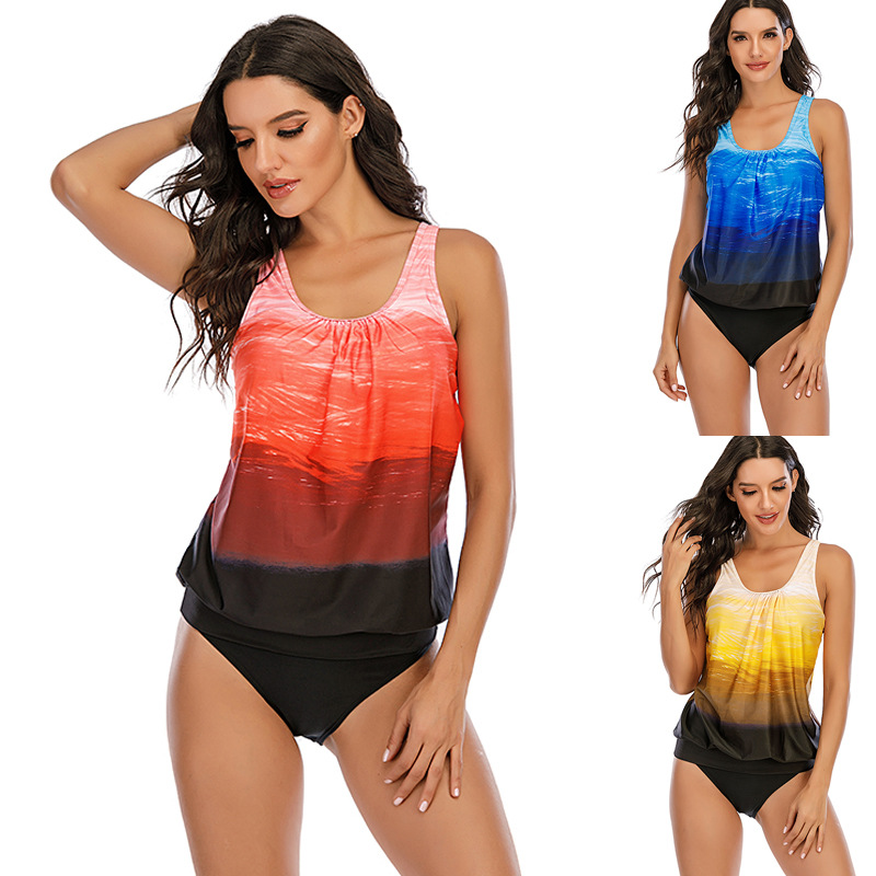 2021 European and American foreign trade new fashion back adjustable gradient swimsuit swimming trunks two-piece set