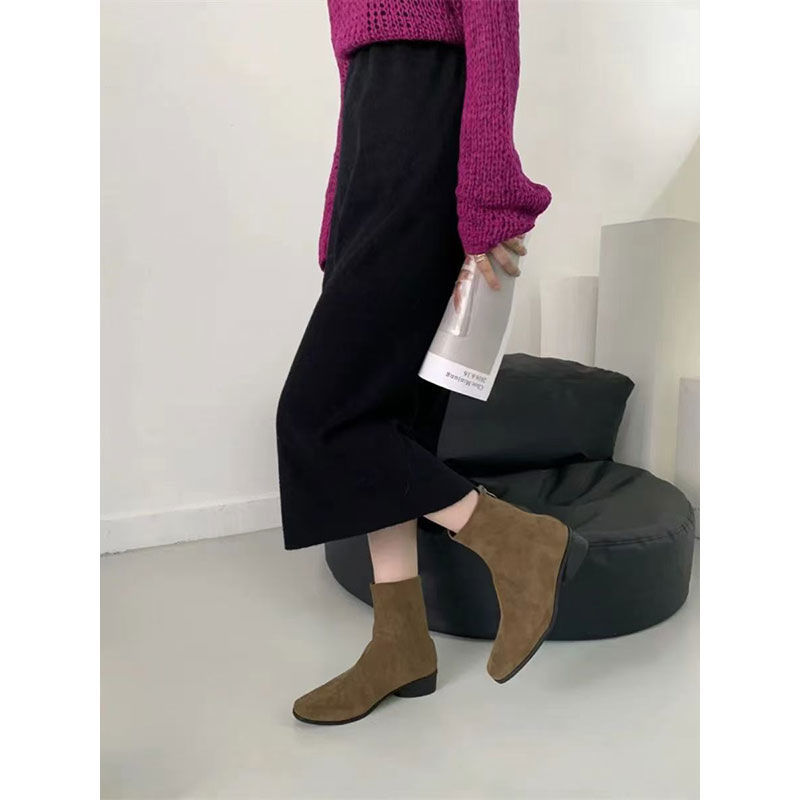 Western-style Suede All-match Thick Heel Thin Boots 2024 New Autumn and Winter Korean Small Ankle Boots fleece-lined Women's Shoes Short Boots