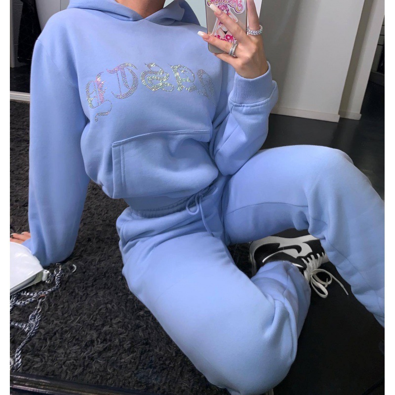 Picture of 2023 Amazon Europe and the United States new fashion sports casual hooded hot stamping sweater suit two-piece set