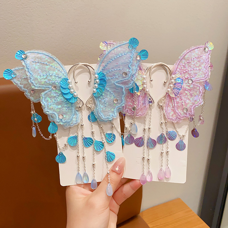 Picture of Children's Mermaid Tassel Earrings Girls Super Fairy Butterfly Shell Earrings Little Girl Princess Elf Earrings Accessories