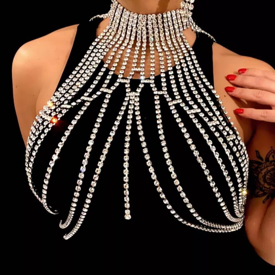 AliExpress fashion exaggerated long tassel rhinestone chest chain accessories nightclub shiny sexy necklace female body chain