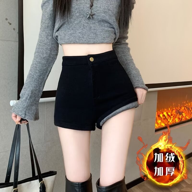 fleece-lined Denim Shorts Women's Autumn and Winter New Arrival Small Retro Bag Hip Slim-Fit Outer-Wearing High Waist Slimming A- line Hot Pants