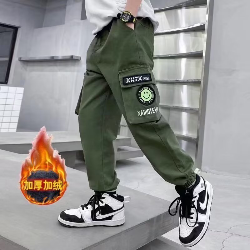 Boys' Cordwork Pants 2023 Autumn and Winter Mid-size Children's Fleece-Lite Pants Children's Trendy Handsome Youth Casual Pants
