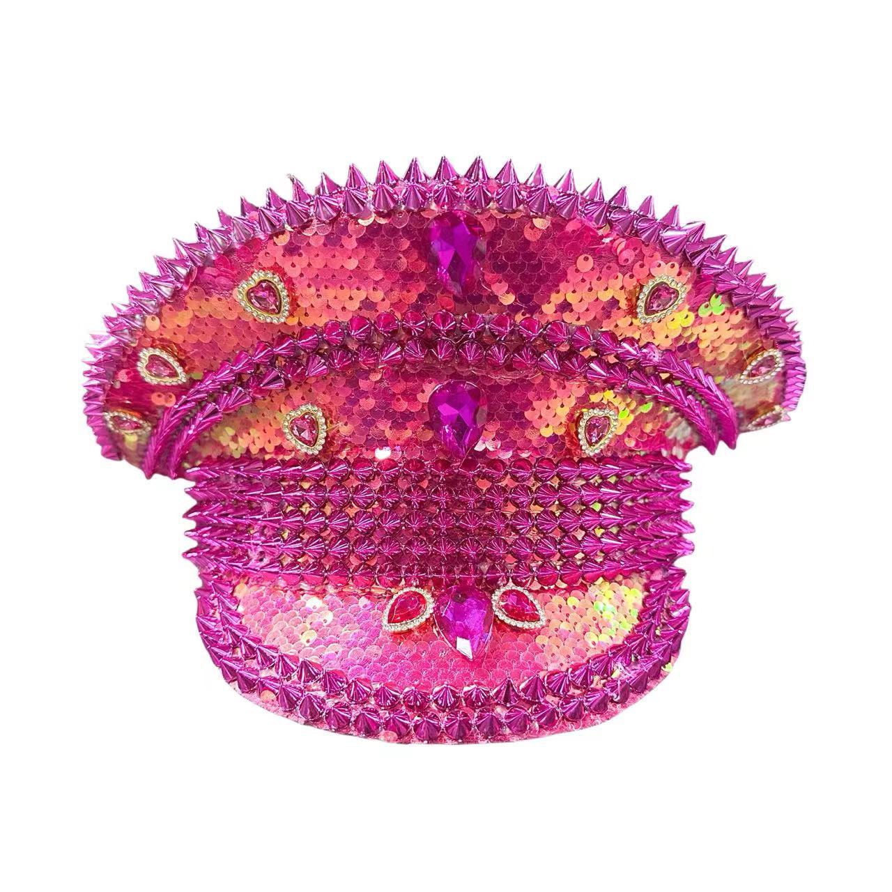 Picture of New Pink Sequins Rhinestone Personality Masquerade Carnival Adult Party Steampunk Performance Navy Cap
