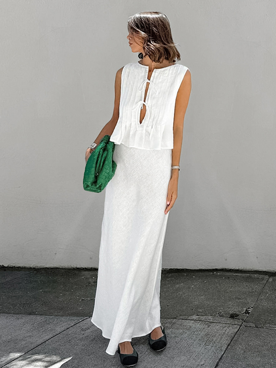 2025 Summer Elegant White Pleated Lace-up Cardigan Half Skirt Two-piece Set European and American Cross-border High-end Long Skirt suit