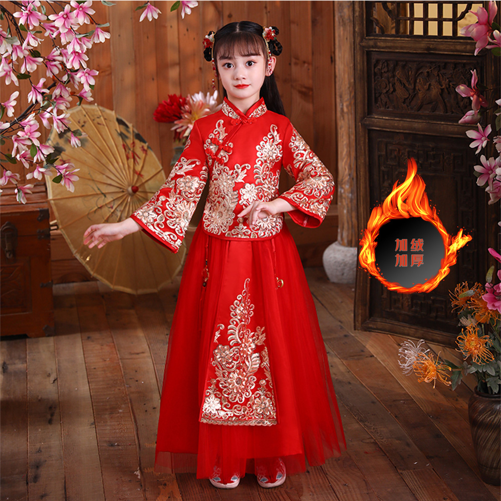 Picture of Girls' Hanfu Traditional Chinese New Year Outfit Children's Cheongsam Autumn and Winter Chinese Style Set Tang Suit New Year Outfit Thickened and Warm