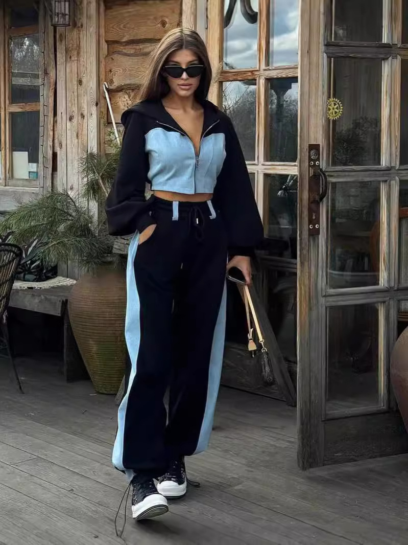 Picture of 2025 Cross-Border European and American Style Fashion Casual Sweatshirt Suit Denim Splicing Hooded Top and Pants Two-Piece Set for Women