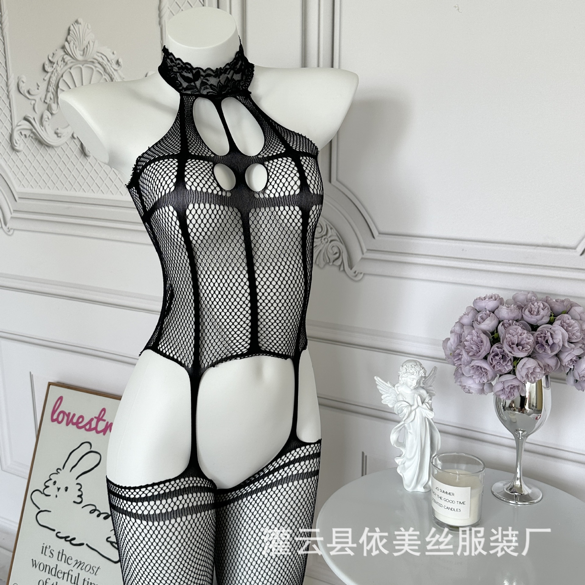Hanging Neck Sexy Nets Women's Sexy Perspective Backless Jompsuit No-off Open-file Underwear Hanging Nets for Hair