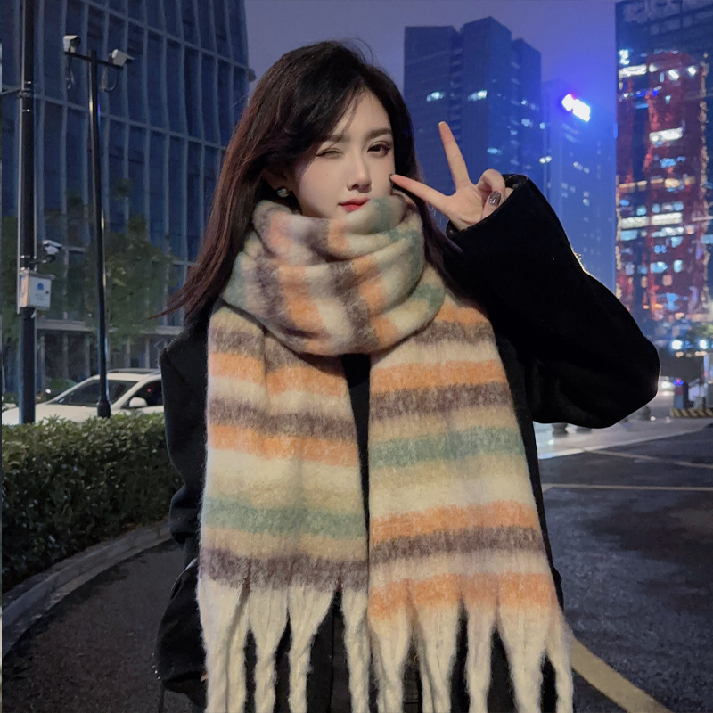 Picture of New Style Striped Mohair Plaid Scarf Women's Winter Warm Thickened Long Trendy Instagram Style Student Couple Scarf
